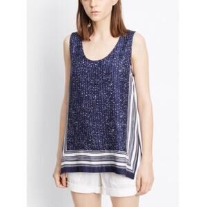 Vince Silk Scarf Print Dotted Modern Tank Top Marine Blue White Small